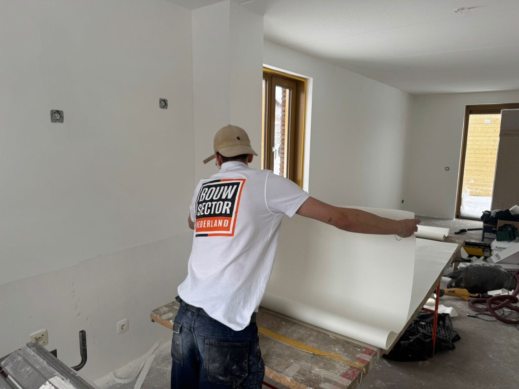 Vakman van Bouwsector Nederland rolt een baan renovlies uit op de plaktafel in een kale nieuwbouwkamer